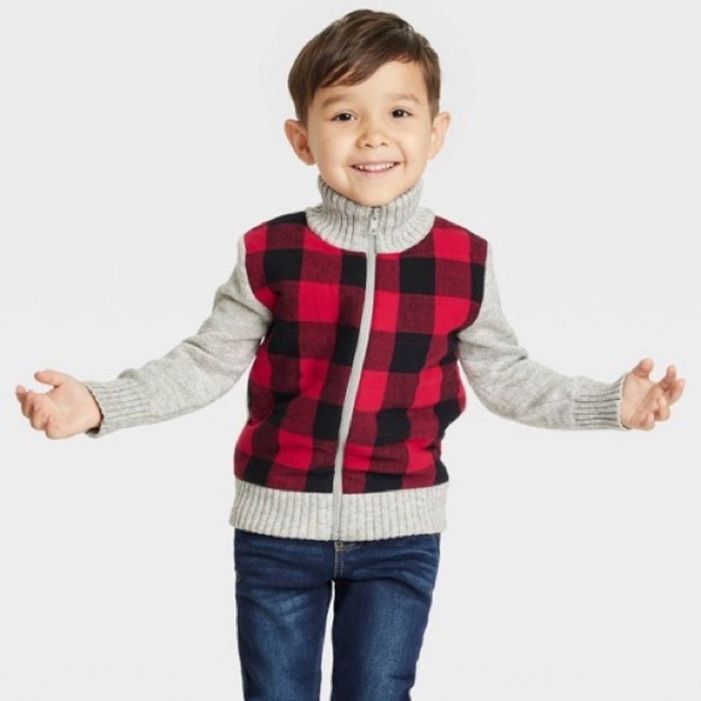 ✨ CAT & JACK Red Black Buffalo Check Knit Zip-Up Sweater Cardigan - Size 3T